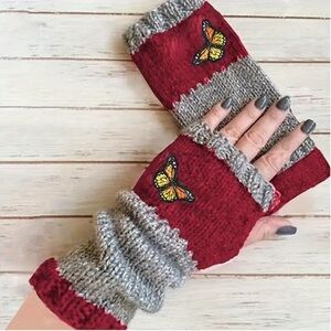 Long Fingerless Knitted Gloves Butterfly Burgundy OS